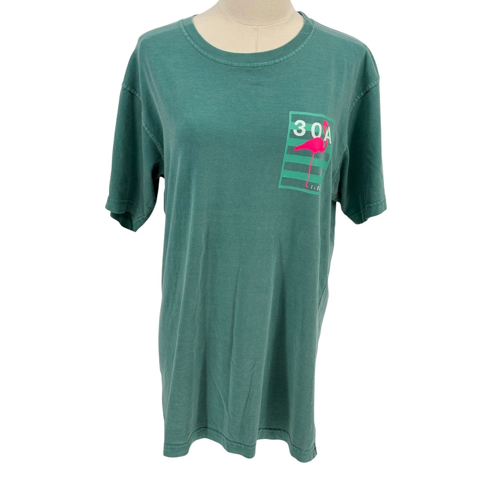 Trading Co Beach Outfitters T-Shirt Teal Flamingo 30A Florida 100% Cotton M